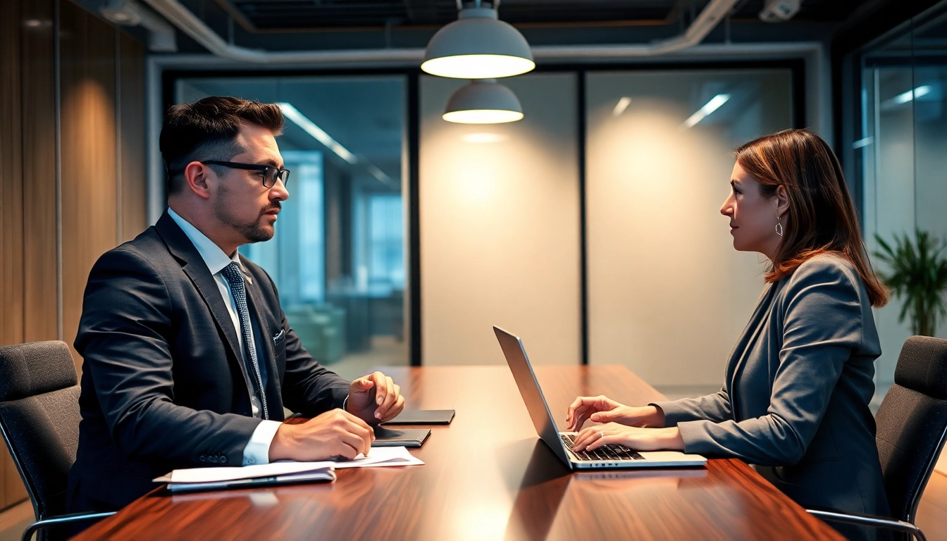 Headhunter Geschäftsführer in einem modernen Büro, beim Gespräch über Geschäftsstrategien.