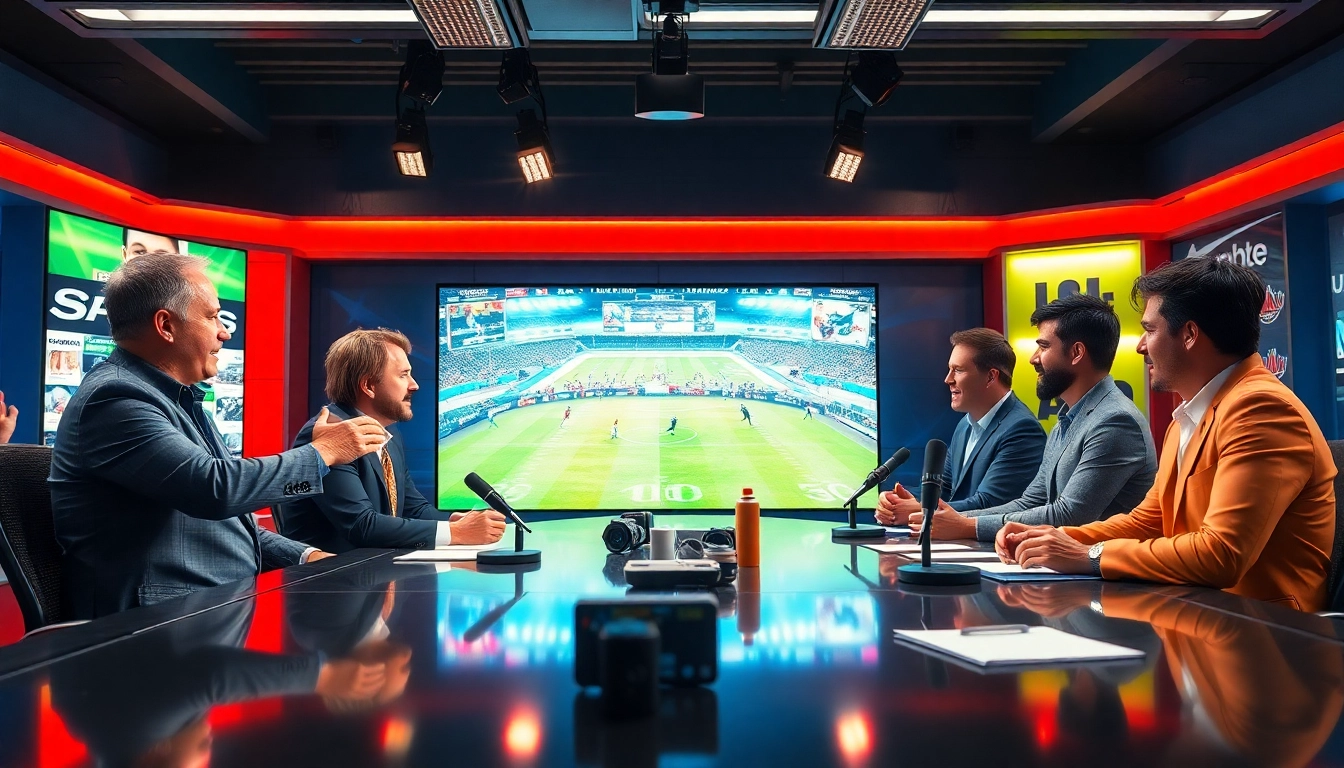 Engaging hosts in sports broadcasting studio discussing live games with energy and enthusiasm.