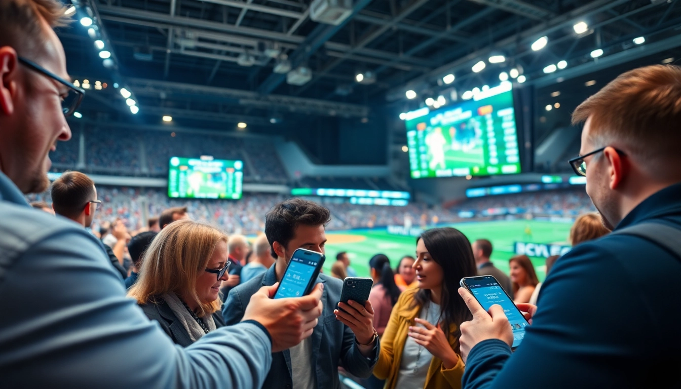 Experience the thrill of crypto sports betting with diverse bettors engaging in a vibrant arena.