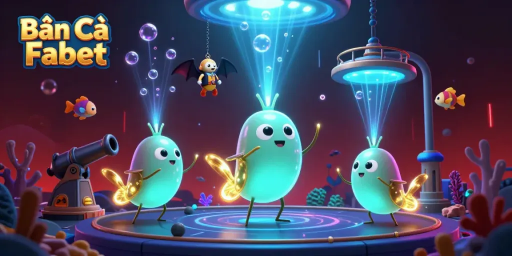 Bắn Cá Fabet immersive underwater gaming scene with 3D glowworms and a bat dealer