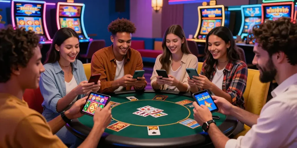 Erlebnisreicher mobiler Casino Vergleich mit Freunden in einem modernen Casino-Umfeld und lebhaften Spielen.