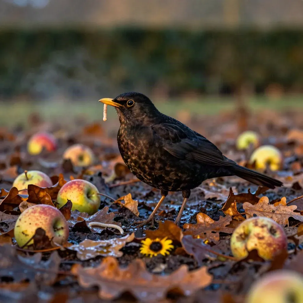 Amsel sucht im nassen Herbstlaub zwischen Fallobst im Garten.