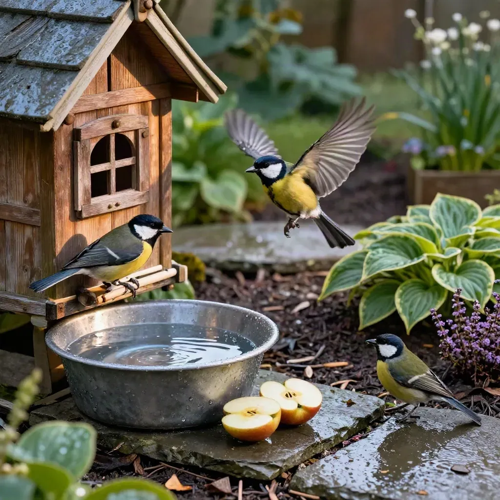 Gartenvögel am Futterhaus nach Regen, mit Wasserbecken und Apfelhälften