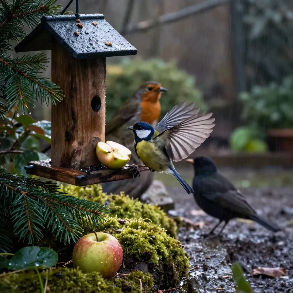 Meise landet am Futterhaus im nassen Garten, Rotkehlchen und Amsel im Hintergrund.