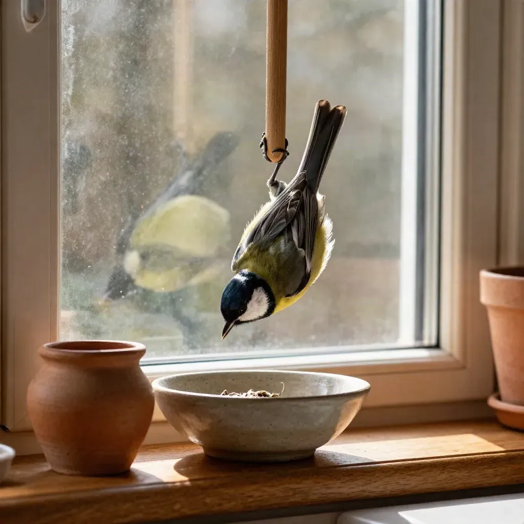 Kohlmeise hängt kopfüber am Küchenfenster-Futterhalter neben Kräuterschale und Tontopf.