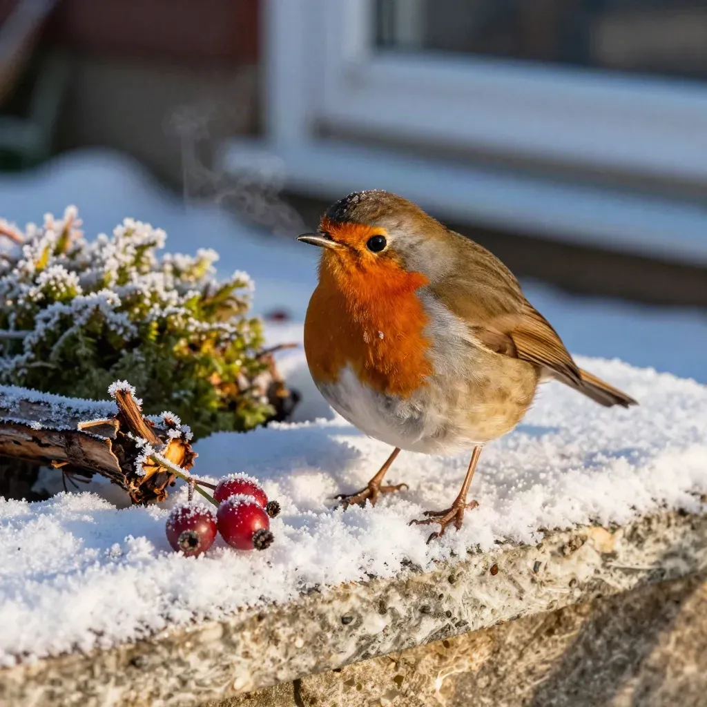 Rotkehlchen auf verschneitem Gartenbord mit Hagebutten, Moos und Wurzel im Morgenfrost