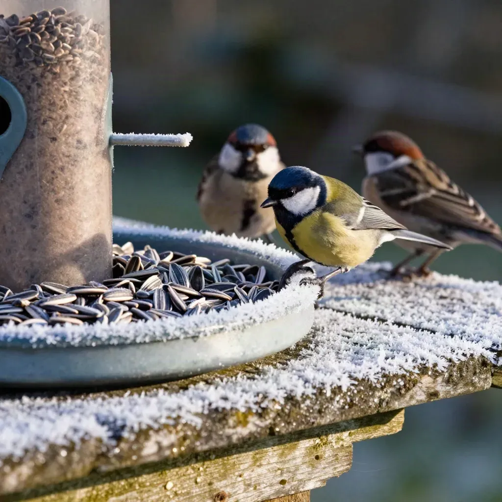 Frostiger Futterplatz mit zwei wartenden Gartenvögeln und Sonnenblumenkernen.