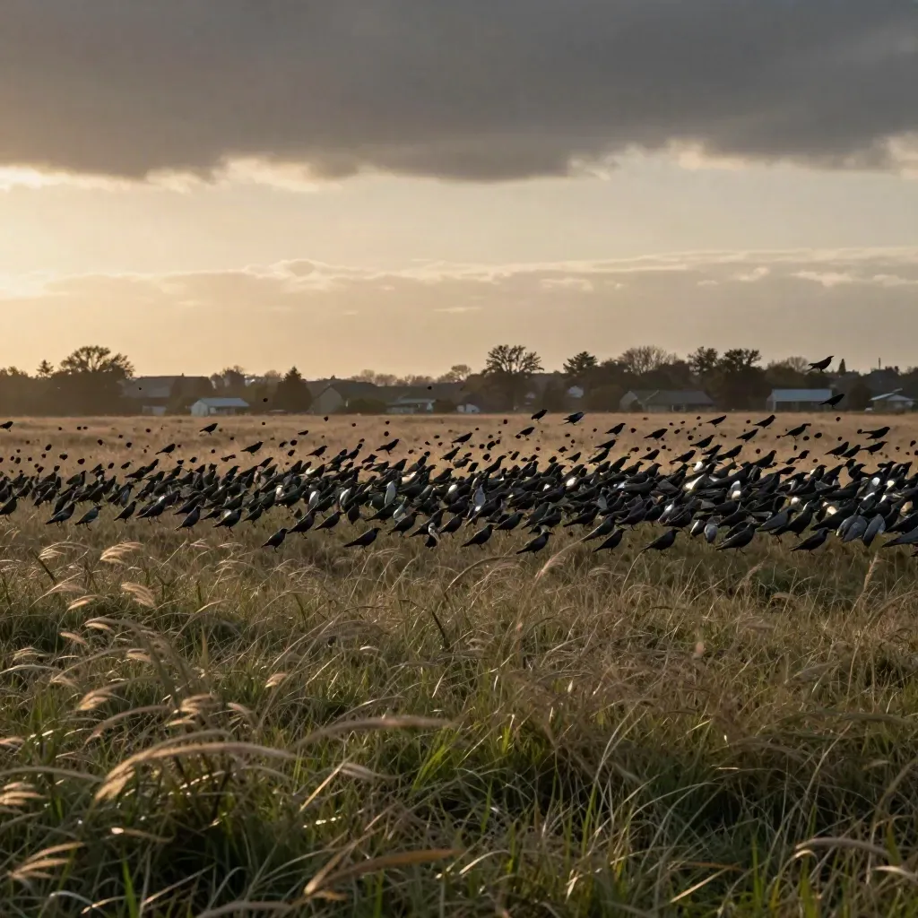 Starenschwarm über einer Wiese am Stadtrand im Abendlicht mit dunkler Wolkenkante