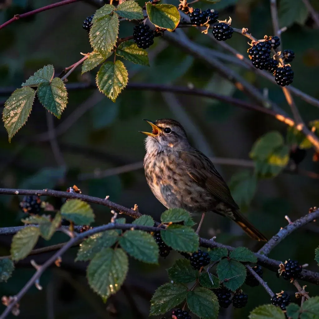 Nachtigall singt halb verborgen im Brombeergebüsch bei Abendlicht.