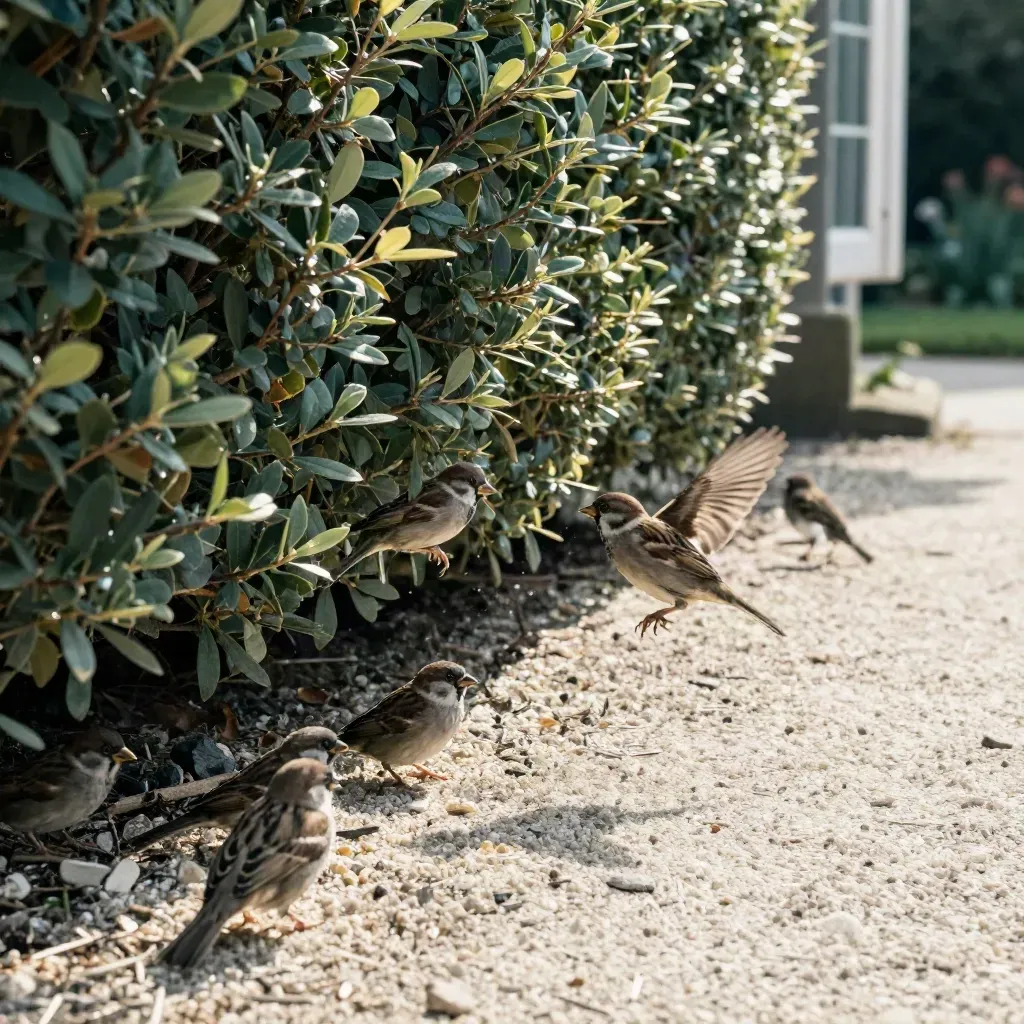 Haussperlinge in Ligusterhecke, einer springt auf den Kiesweg, zwei warten im Schatten