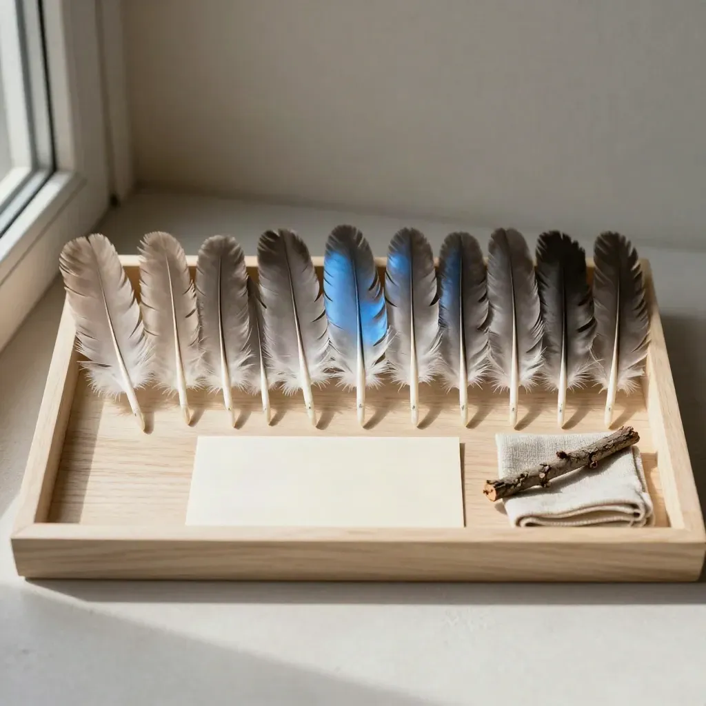Federproben in einer flachen Schale mit Karte, Leinenband und Zweig auf hellem Holz.