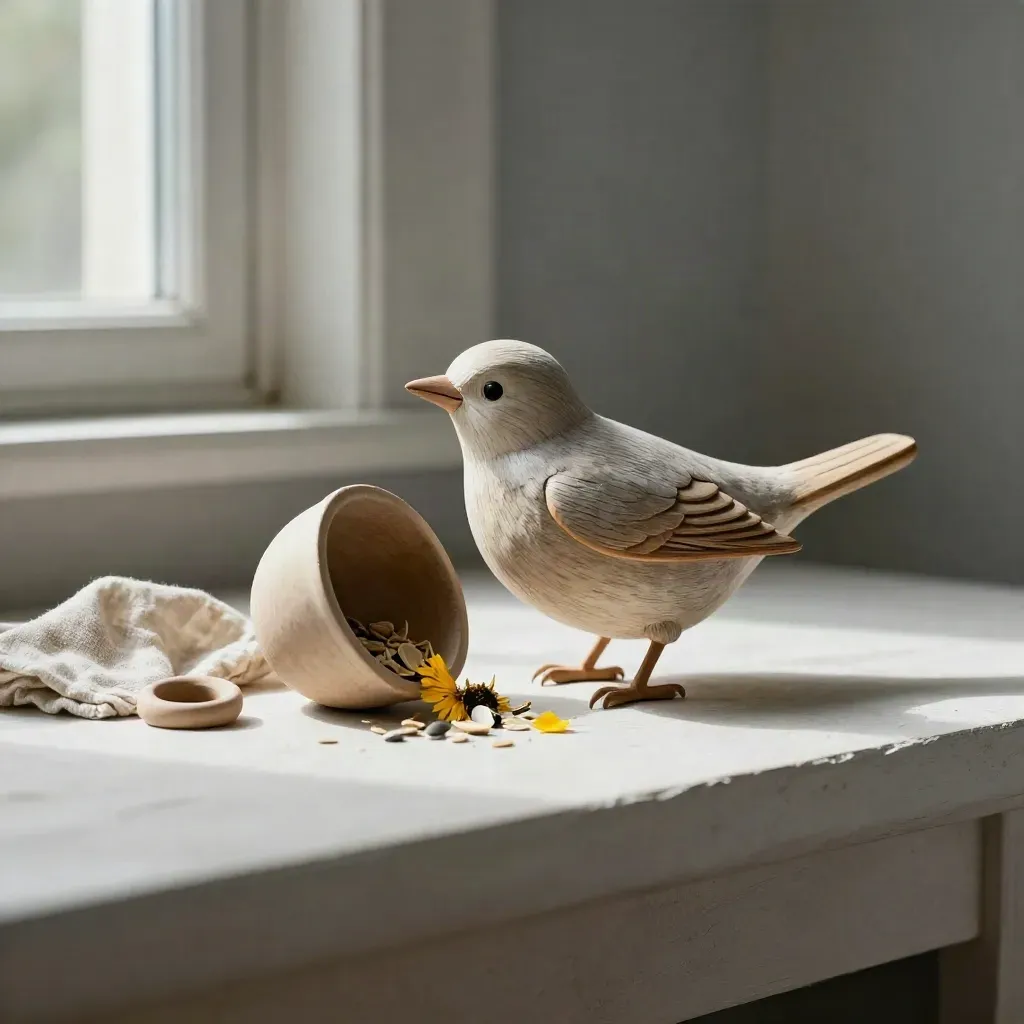 Holzvogel kippt neben Saatnapf, Leinentuch und Tonring auf hellem Untergrund.
