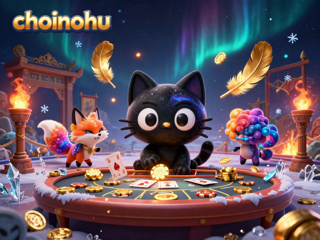 Experience the cosmic allure of choinohu with a cartoon cat and fox at a vibrant casino table.
