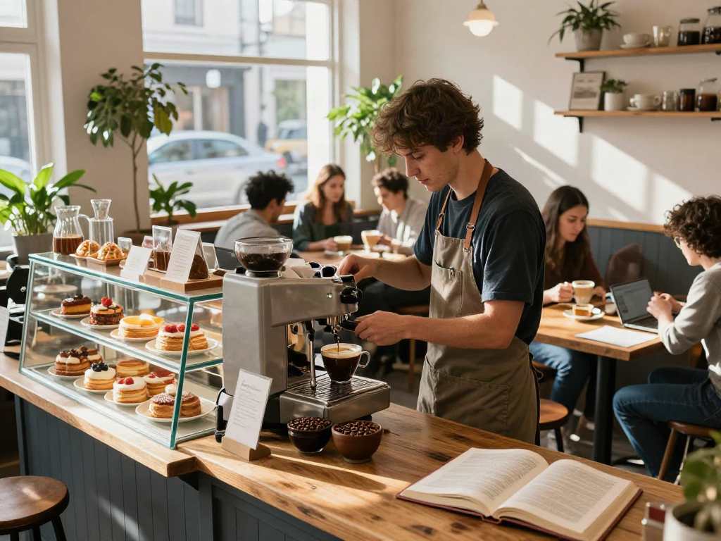 Enjoying rokok88 coffee at a bustling café with pastries and laptops.