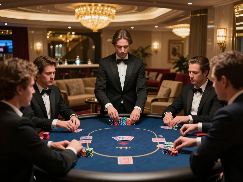 F168 players engaging in a high-stakes poker game in a luxury casino VIP area, showcasing strategic gameplay.