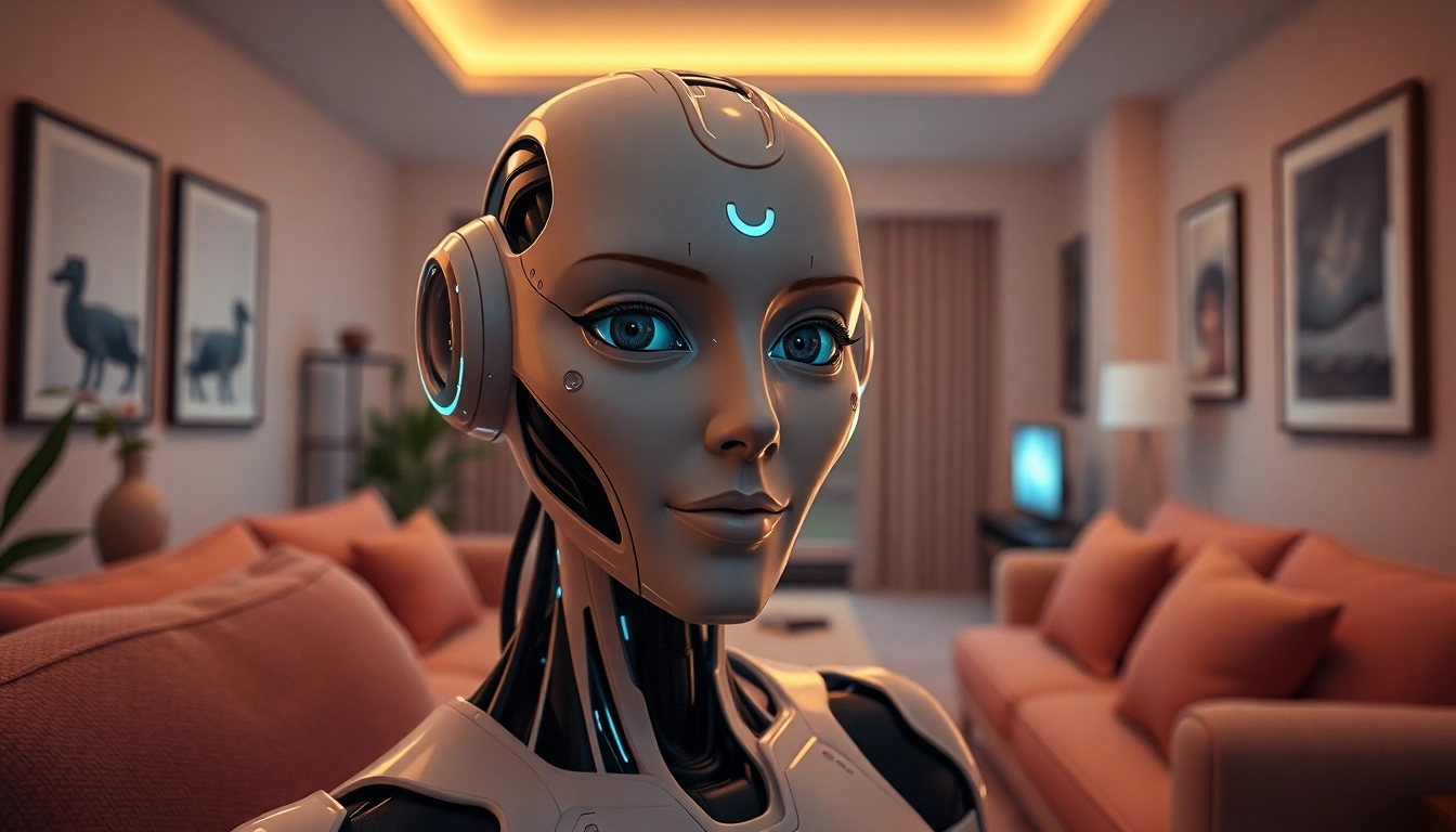 Engaging AI sex bot exuding warmth in a modern living space, showcasing advanced companionship technology.