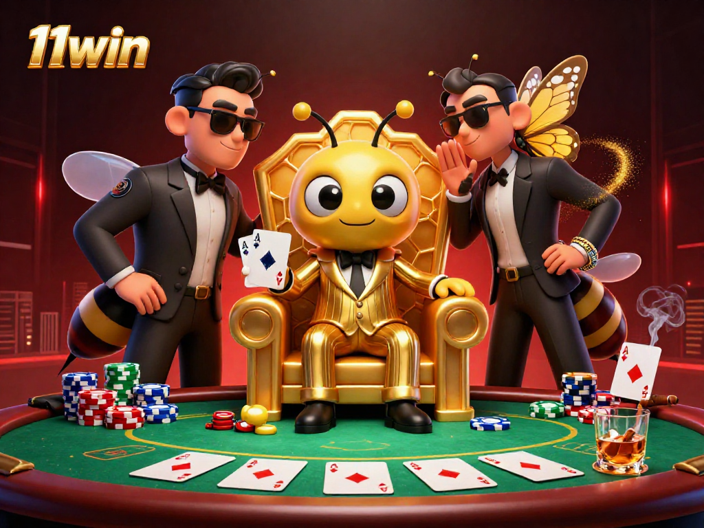 Experience the thrilling world of 11win with a vibrant poker scene featuring a bee mob boss.