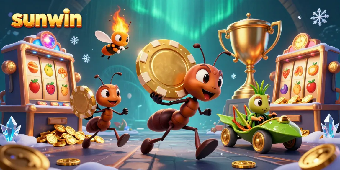 Engage with sunwin players in a vibrant casino heist scene featuring ants, poker chip, and dynamic slots.