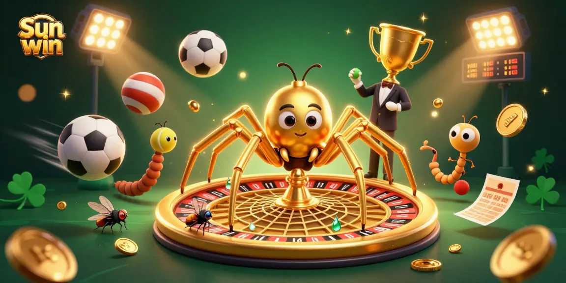 Engage with the excitement of Sun win as a golden spider spins a roulette wheel web amidst thrilling sports betting elements.