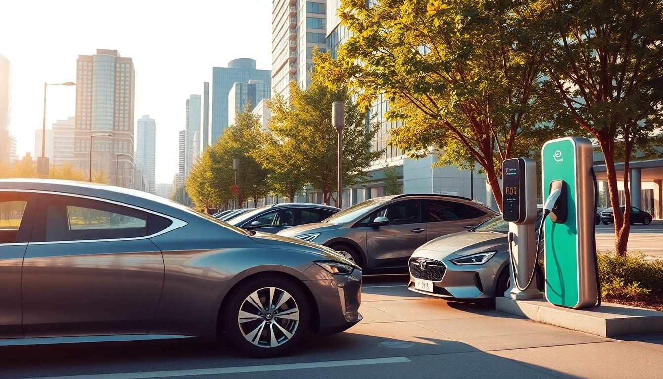 Effiziente Elektroautos an einer modernen Ladestation mit urbanem Hintergrund.