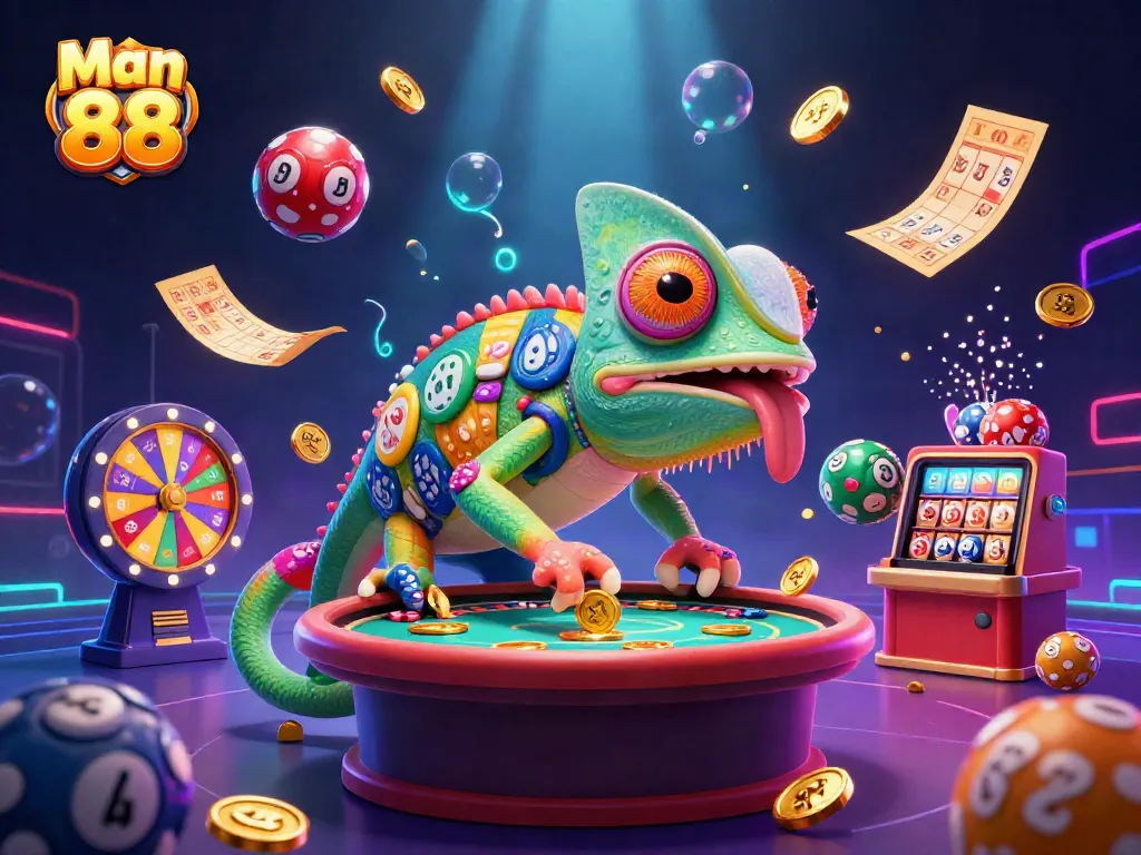 Experience excitement at Man 88 with a dynamic casino scene full of vibrant lottery elements.