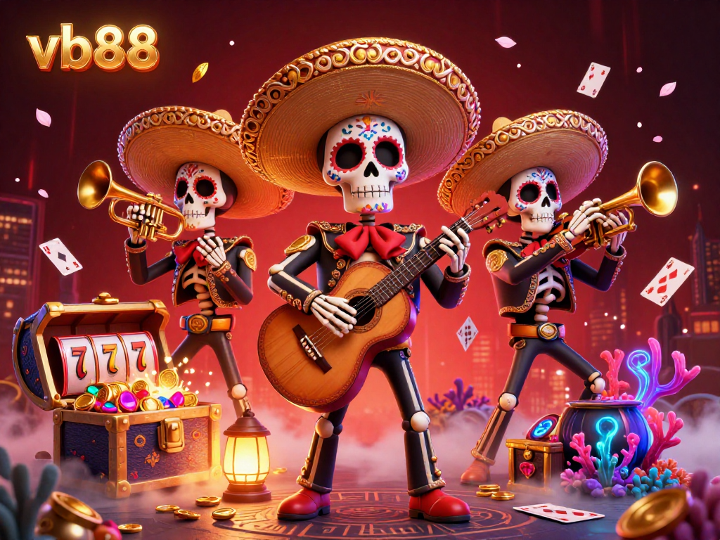 Engage with vb88's lively 3D illustration showcasing a mariachi band amidst slots and dynamic casino visuals.