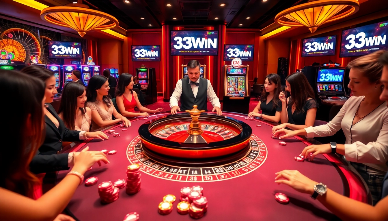 33WIN gamblers enjoying a thrilling roulette game at a luxury casino with vibrant atmosphere.