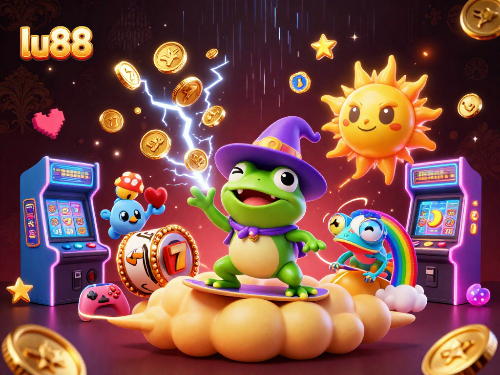 Engage with thrilling gaming adventures at lu88, where a wizard frog conjures golden coins amidst spinning slot machines.