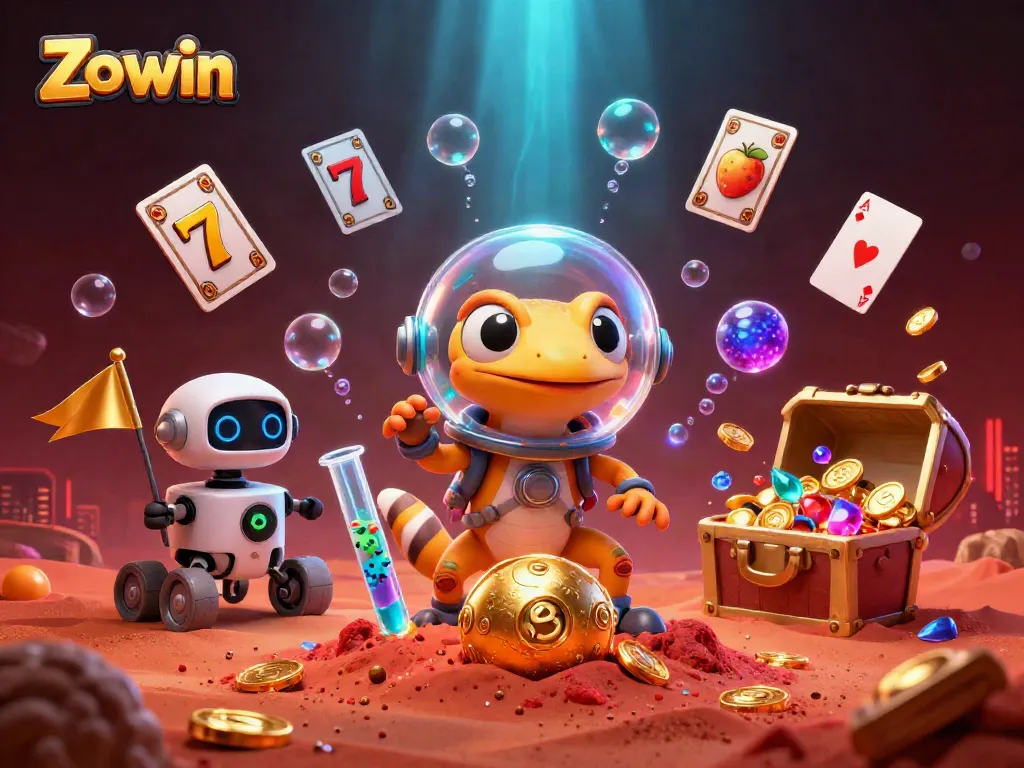 Experience thrilling gameplay at Zo win as a Martian gecko uncovers a golden casino treasure in a lively 3D scene.