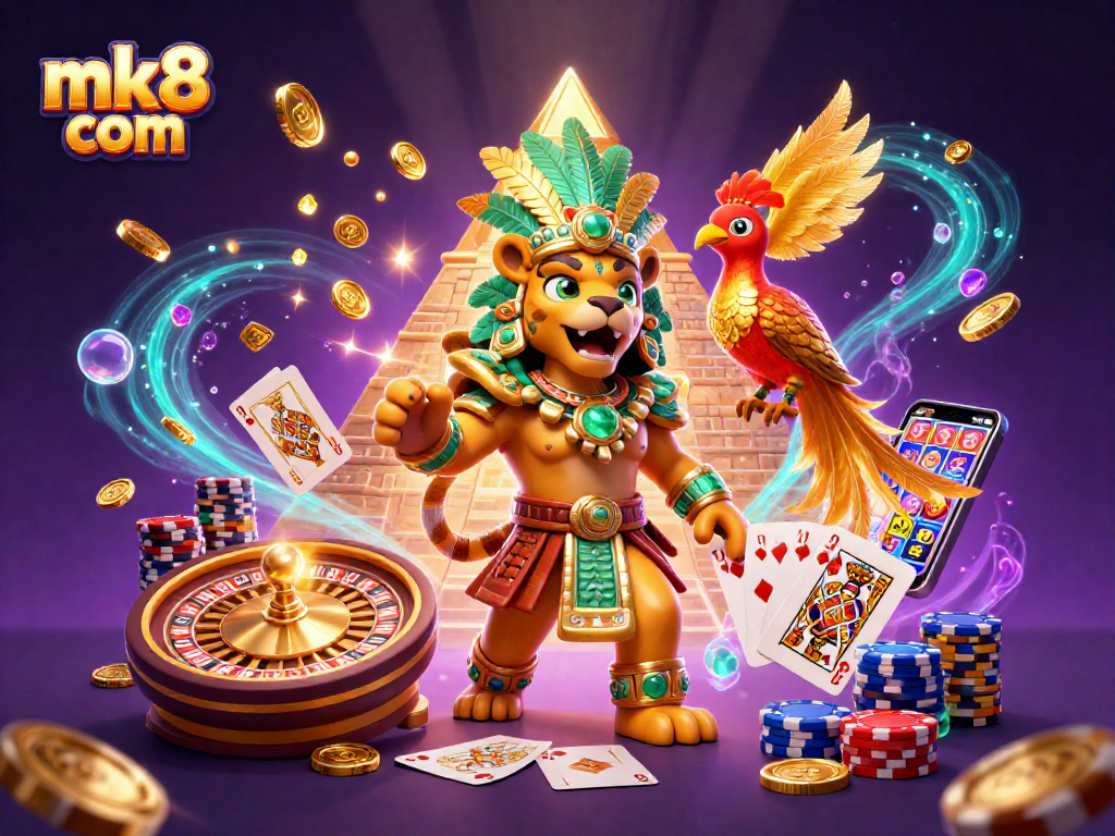 Experience the thrilling world of mk8 com with dynamic 3D art showcasing Mayan jaguar and casino elements.