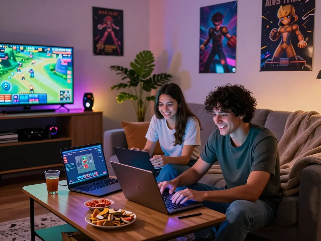Couple enjoying html sex games in a cozy living room, illuminated by colorful LED lights.