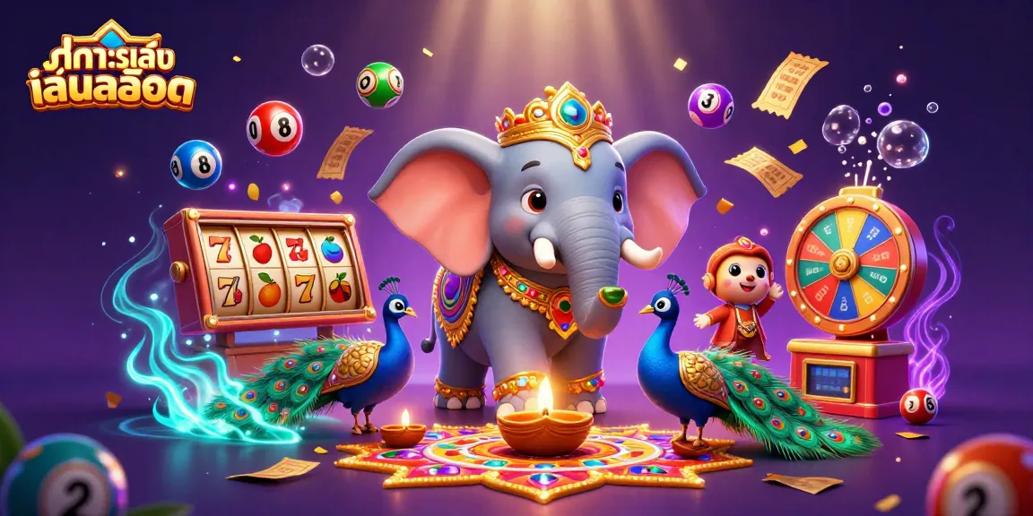 Experience ทดลองเล่นสล็อต with a vibrant 3D scene featuring an elephant, a peacock, and dynamic game elements.