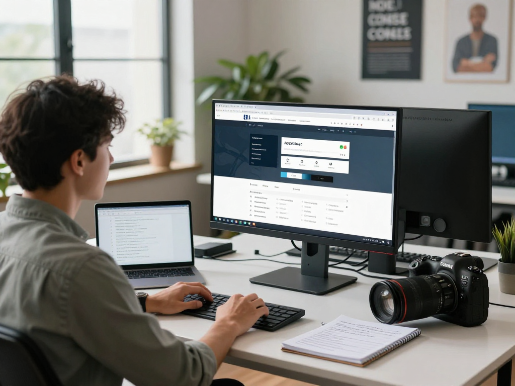 Barrierefreie und rechtssichere Webseiten Dienstleistung in einem modernen Arbeitsumfeld mit Webdesigner, der an der Optimierung von Webseiten arbeitet.
