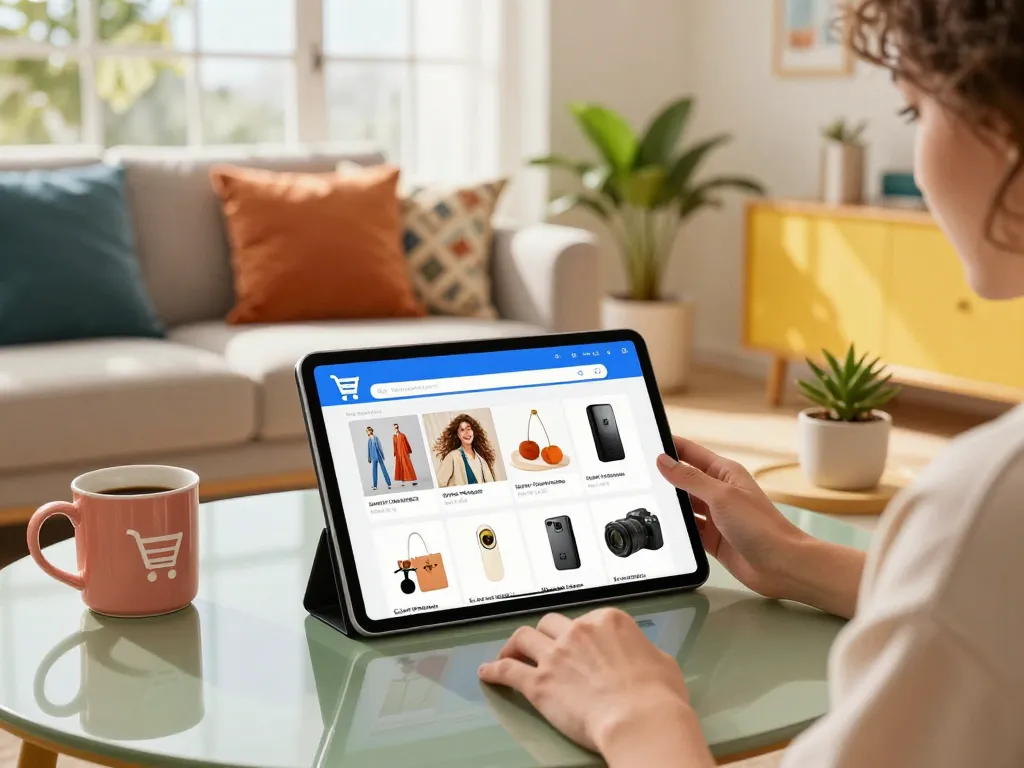 Sofort Lieferbar Artikel, die in einer lebhaften Online-Shopping-Szene präsentiert werden, mit einer Person, die Produkte durchstöbert.