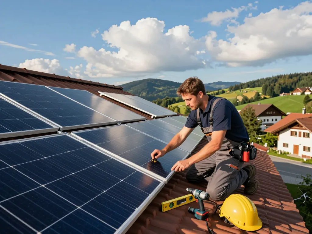 Installation von Photovoltaik Bayern, die einen Techniker zeigt, der ein Hausdach auf Solarpanels in einer wunderschönen bayerischen Landschaft bewertet.