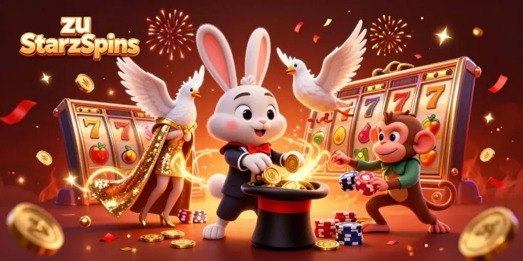 Gewinnen Sie aufregende Preise bei StarzSpins mit magischen Slot-Illustrationen und einem fantasievollen Casino-Szenario.