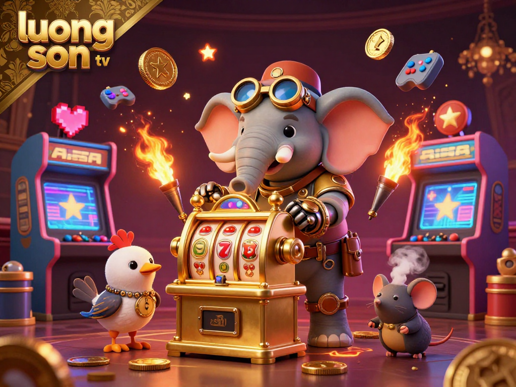 Engage with luong son tv's vibrant casino scene featuring a steampunk elephant and slot machine.