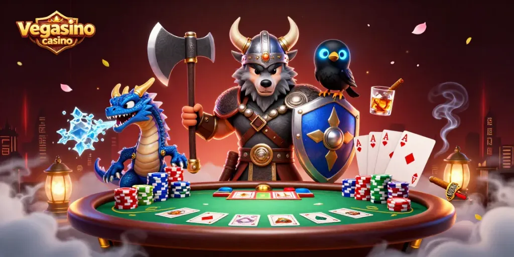 Engage with thrilling poker action at vegasino casino amidst a vibrant 3D scene.