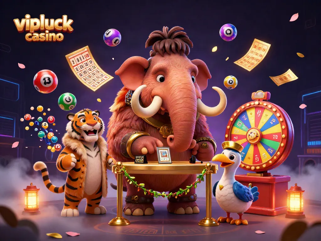 Experience excitement at vipluck casino with a cartoonish scene of fun characters and gaming elements.