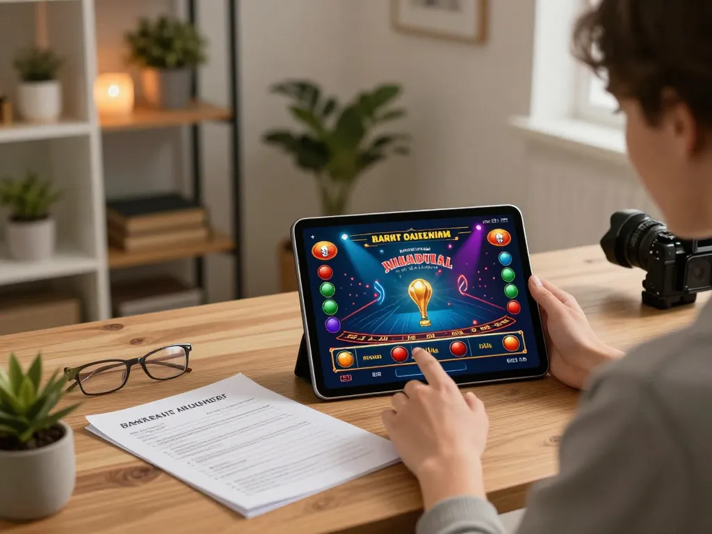 Playing online casino games with KI Detektor Uni on a tablet in a cozy home office.