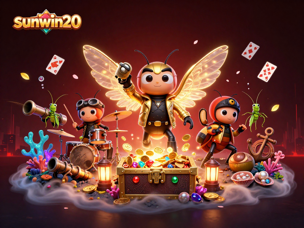 Experience thrilling wins with sunwin20, featuring a cartoon cicada rock star in a dazzling casino scene.