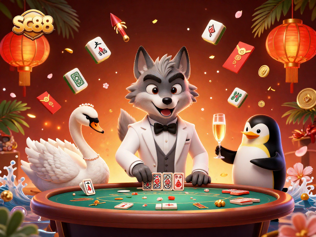 SC88 players indulge in a luxurious baccarat experience with a charming wolf dealer, swan card dealer, and penguin sommelier.