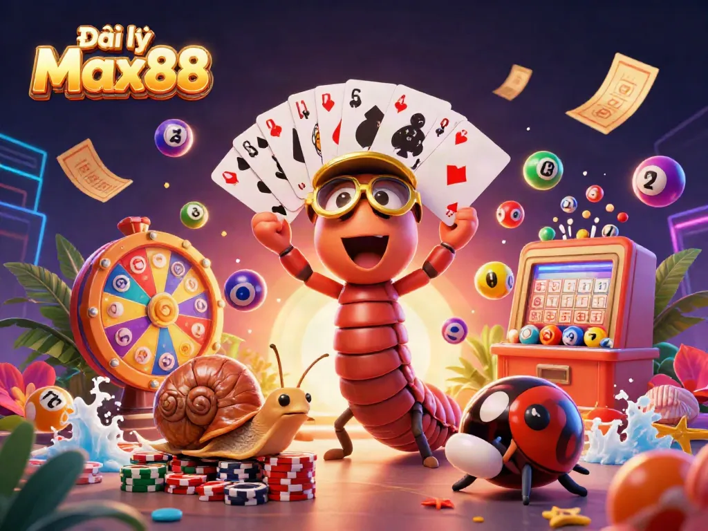 Experience excitement with Đại lý Max88 showcasing vibrant gaming elements and characters in an animated casino scene.