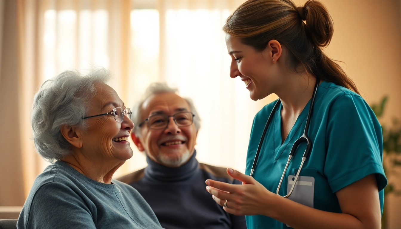 Pflegedienst Werbung: Mitarbeiter spricht freundlich mit einem älteren Patienten in einem hellen, einladenden Raum.