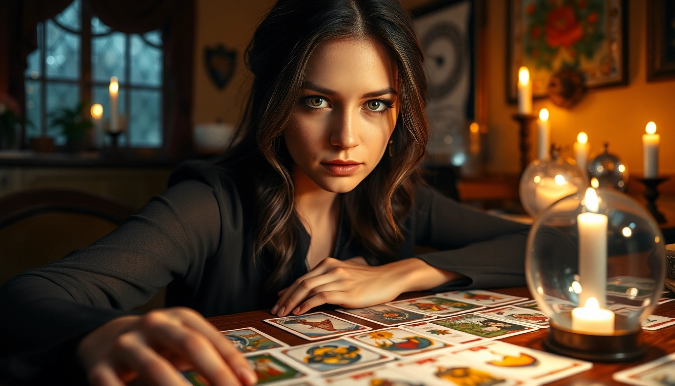 Lenormand orakel online mit einem Wahrsager in einem gemütlichen, mystischen Raum