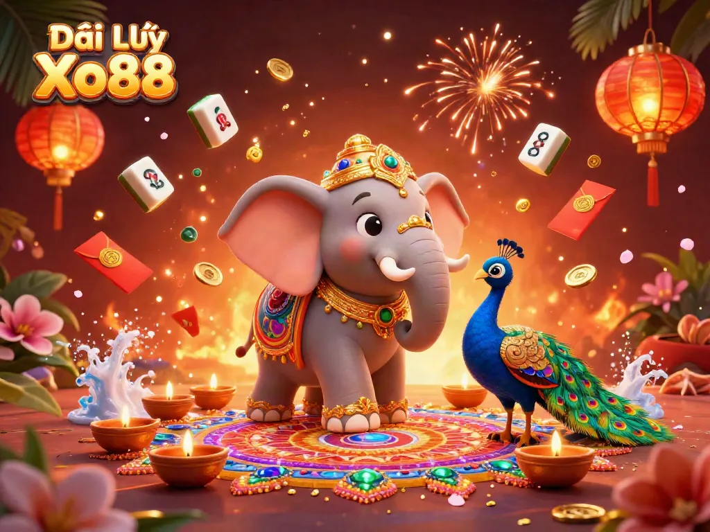 Engage with Đại Lý Xo88 as a dynamic 3D illustration filled with vibrant casino elements and festive décor.