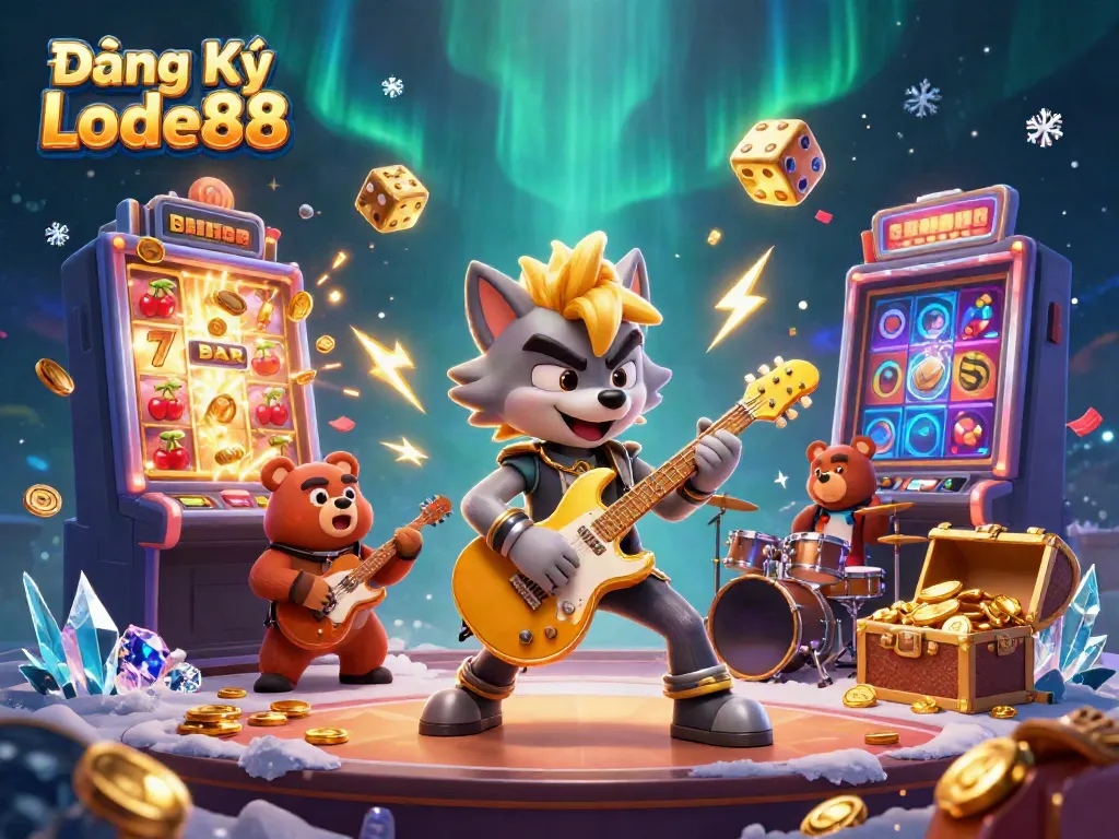 Win big with Đăng Ký Lode88's vibrant 3D casino illustration featuring exciting characters and game elements.