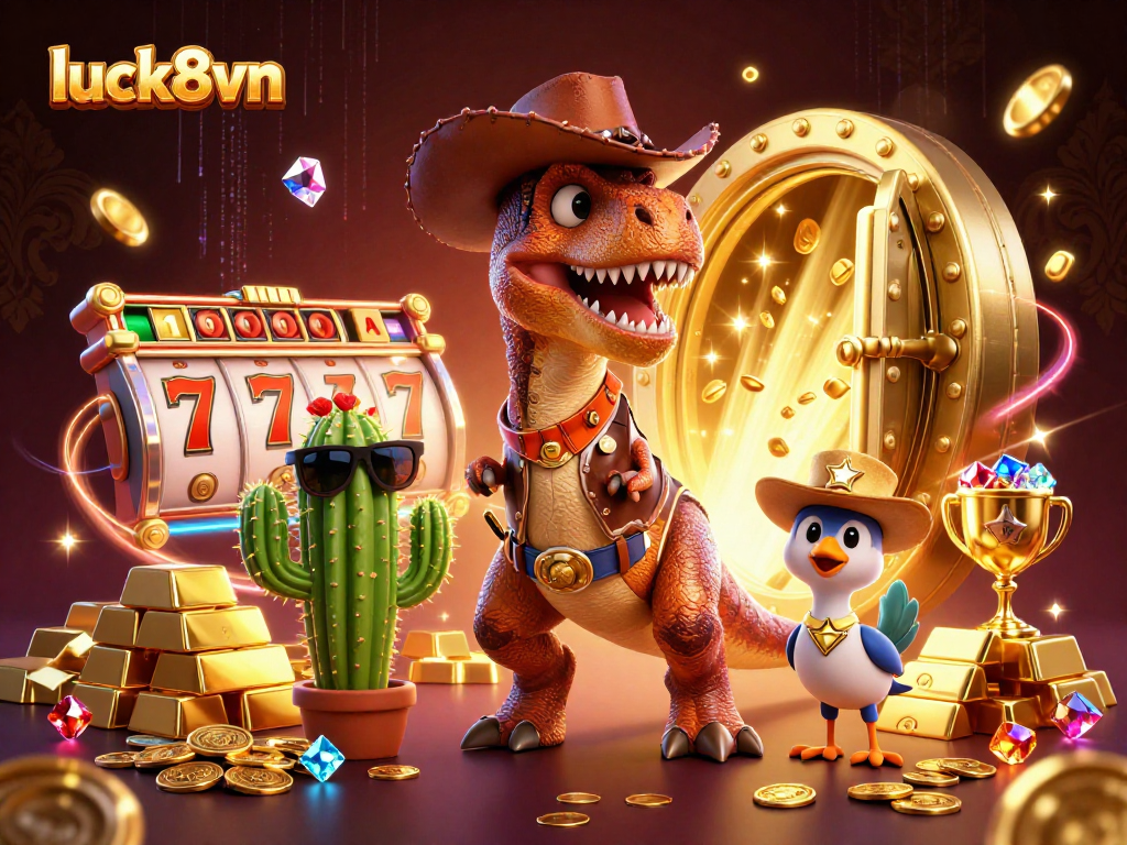 Engage with luck8vn's dynamic gaming experience featuring colorful slot elements and playful characters.