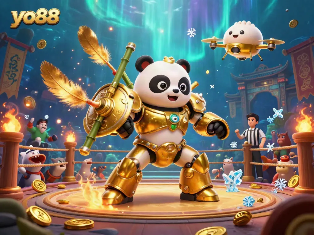 Immerse in the world of yo88 with this dynamic 3D illustration featuring a golden panda robot amidst an energetic casino arena.