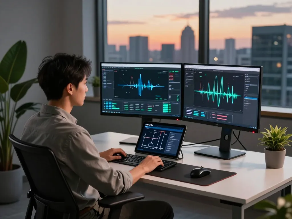 Kling 2.6 motion control workspace with data scientist analyzing AI motion technology, showcasing modern hardware and creative environment.